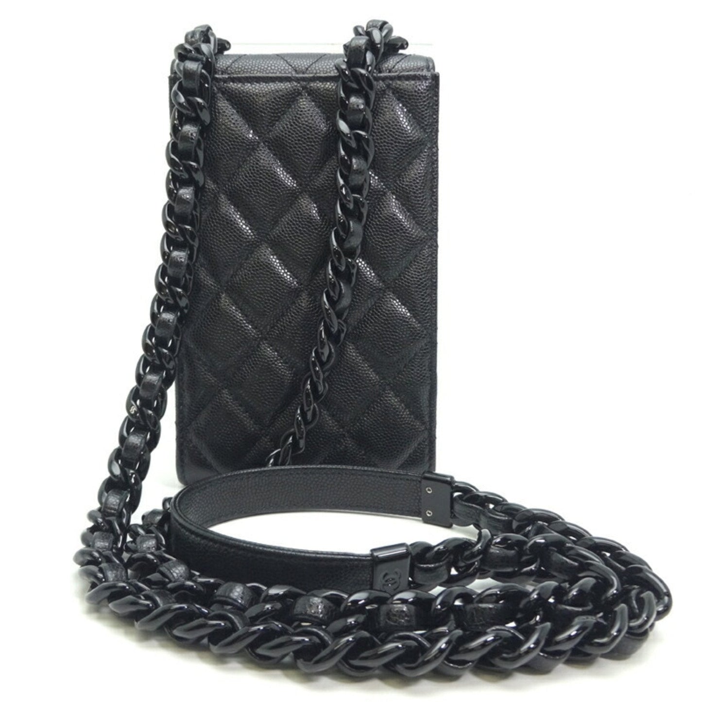Chanel Matelasse Phone Case Chain Women's Shoulder Bag Caviar Skin Black