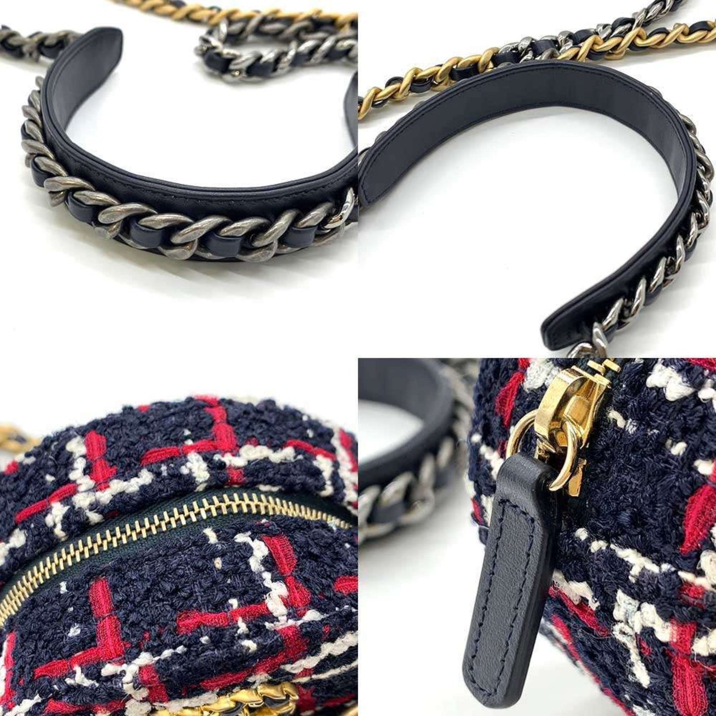 Chanel Bag 19 Round Clutch Chain Shoulder Navy x White Red Checkered Coco Mark Crossbody Pochette Ladies Tweed CHANEL