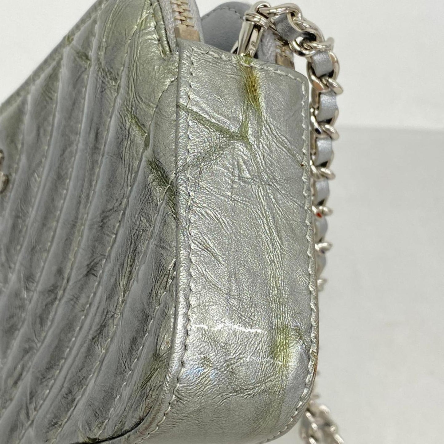 Chanel Shoulder Wallet V-Stitch Chain Coated Leather Grey Women's