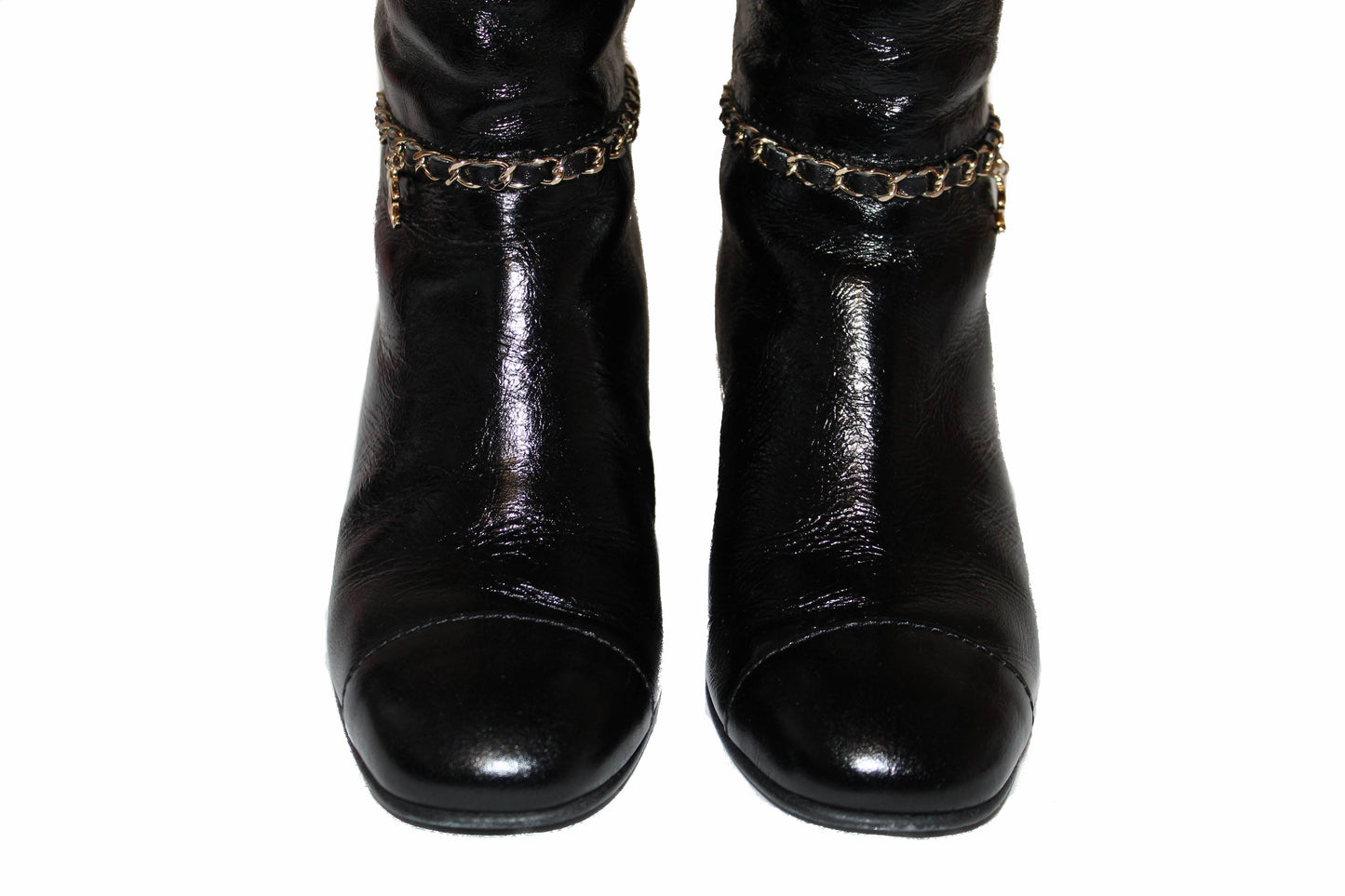Chanel Black Patent Leather CC Logo Chain High Boots Size 36C