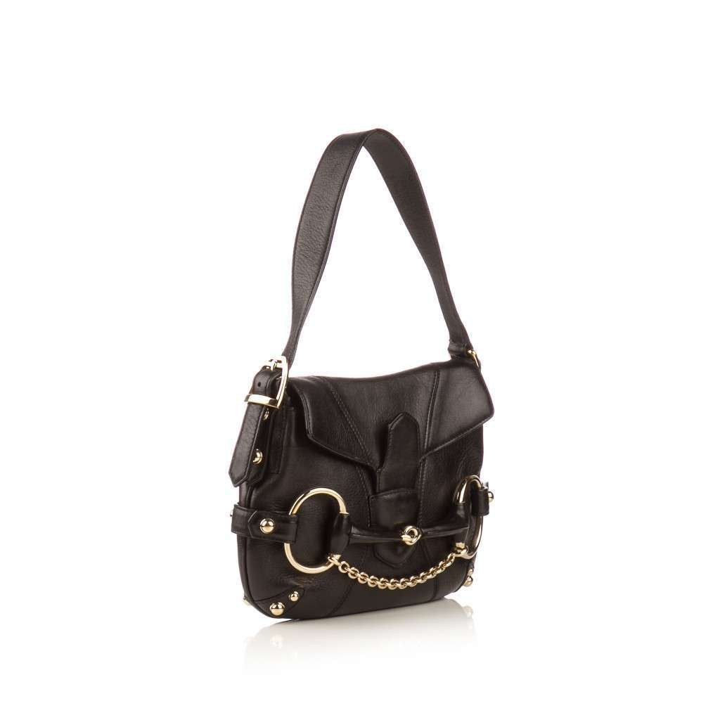 GUCCI  Black Leather Horsebit Flap Shoulder Bag