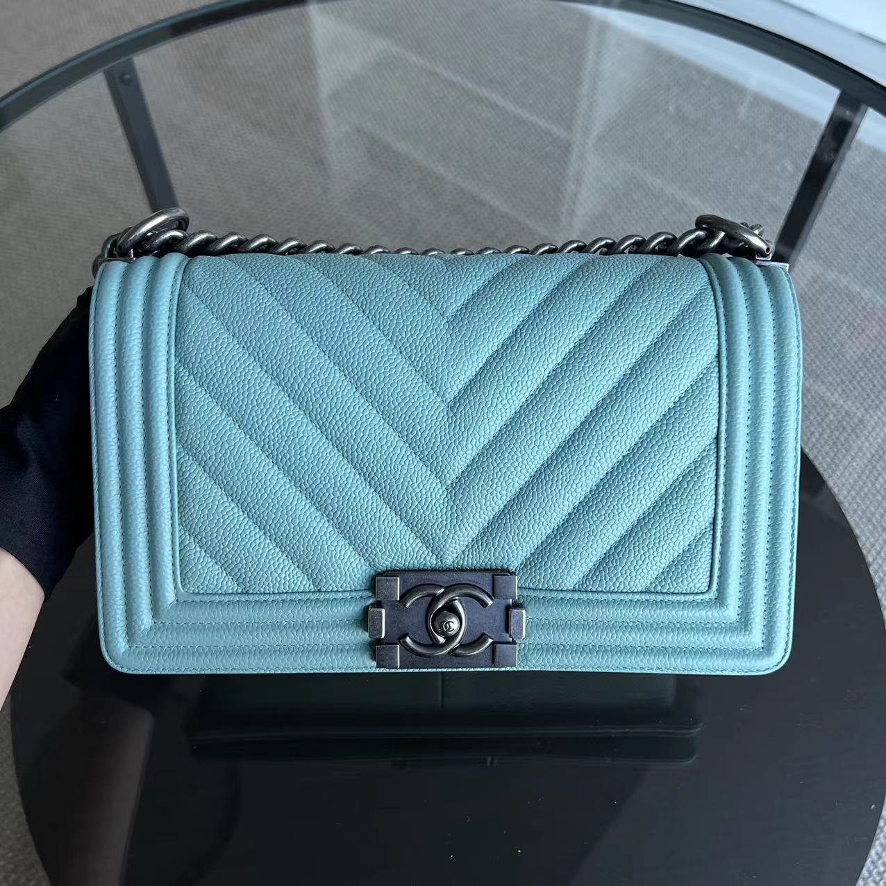 *2019, Series 29* Caviar Old Medium 25CM Chevron Grained Calfskin Light Baby Blue No 29