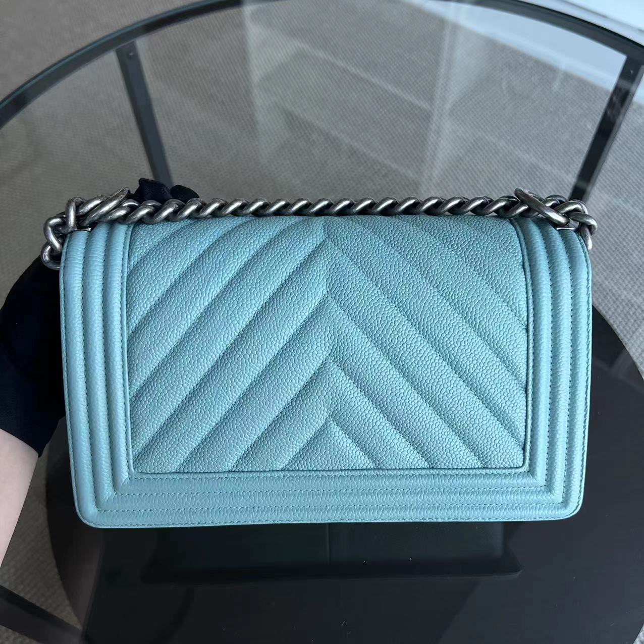 *2019, Series 29* Caviar Old Medium 25CM Chevron Grained Calfskin Light Baby Blue No 29