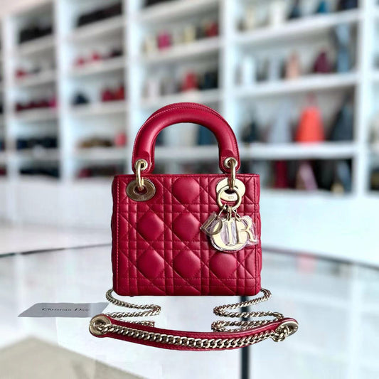 *2020, Chain strap* Lady Mini Cannage Lambskin Burgundy Red Golden Hardware
