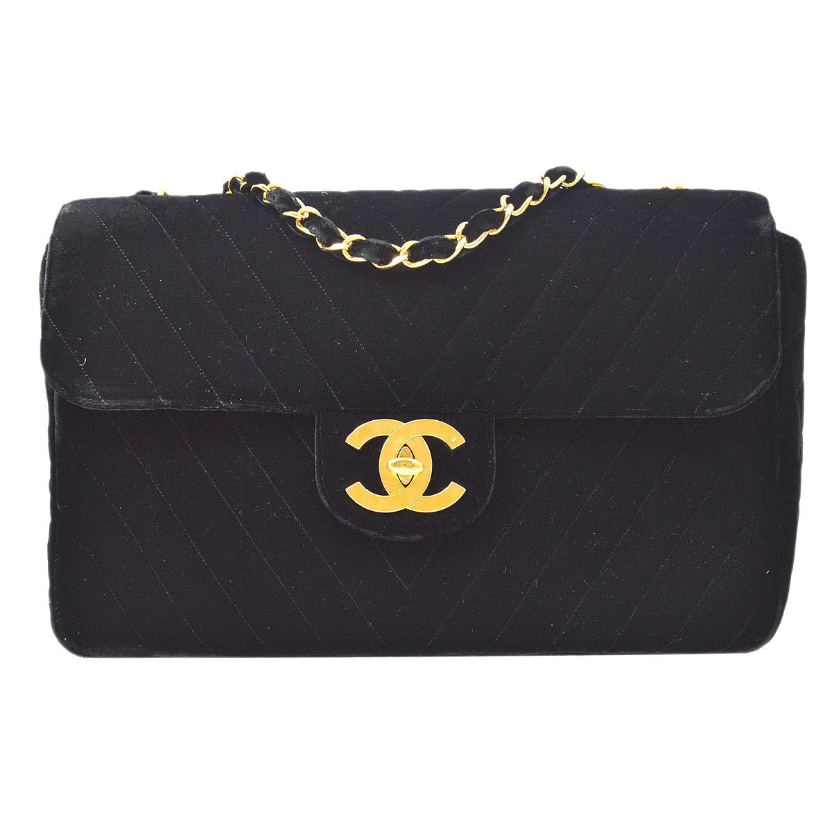 Chanel★ 1991-1994 Chevron Classic Flap Maxi Black Velvet AK37942e