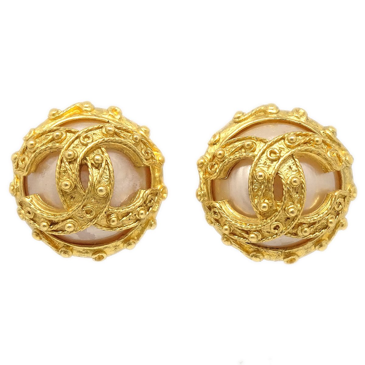 CHANEL 1994 Faux Pearl Button Earrings Clip-On 60509