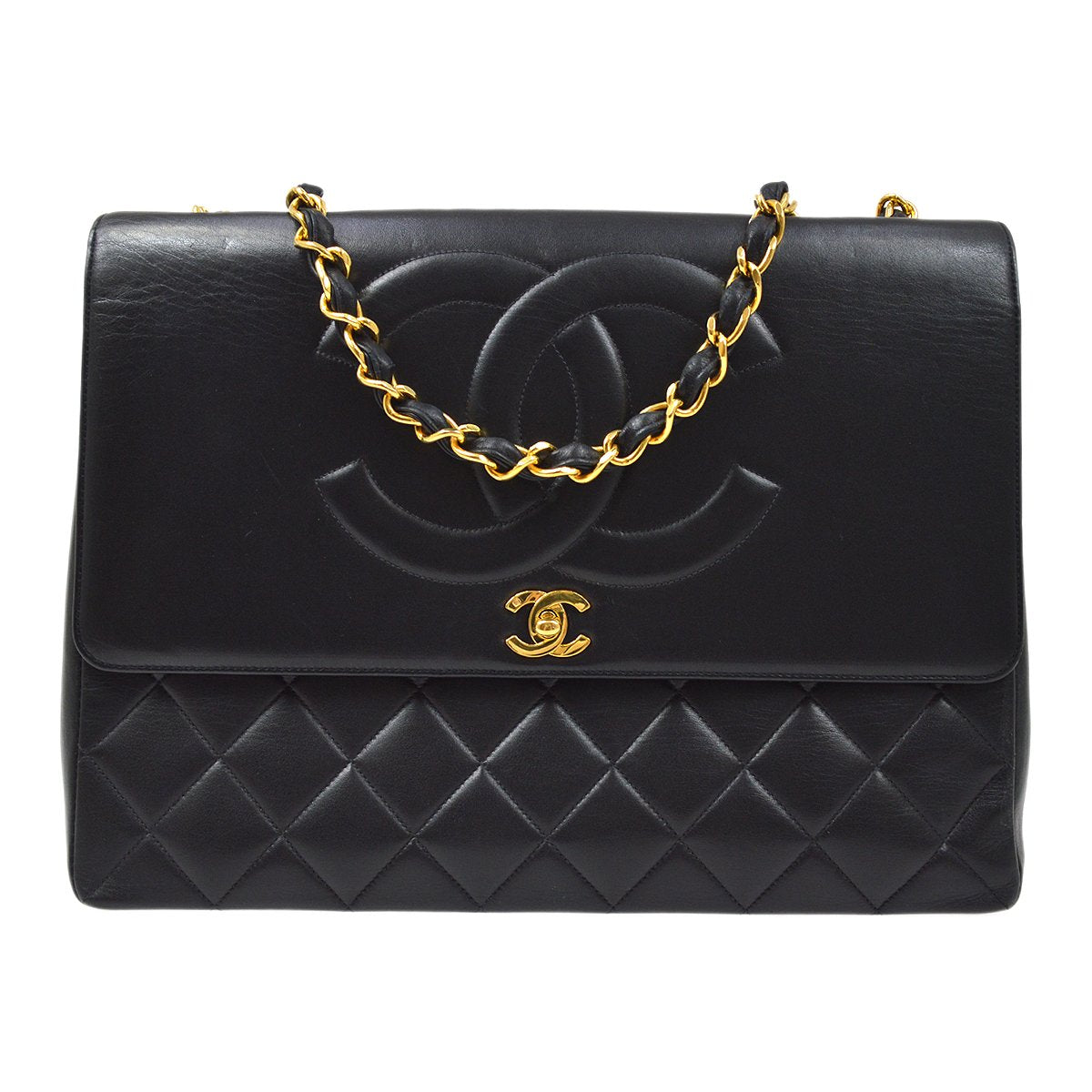 Chanel★ 1991-1994 Black Quilted Lambskin CC Flap Maxi 60850