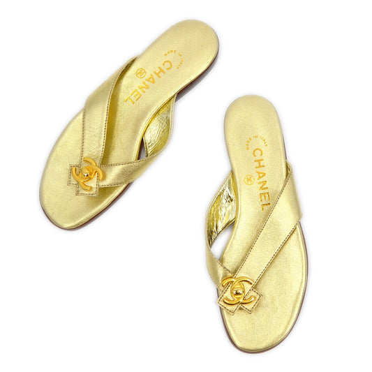 CHANEL Gold Lambskin Turn-lock Sandals Shoes #35 1/2
