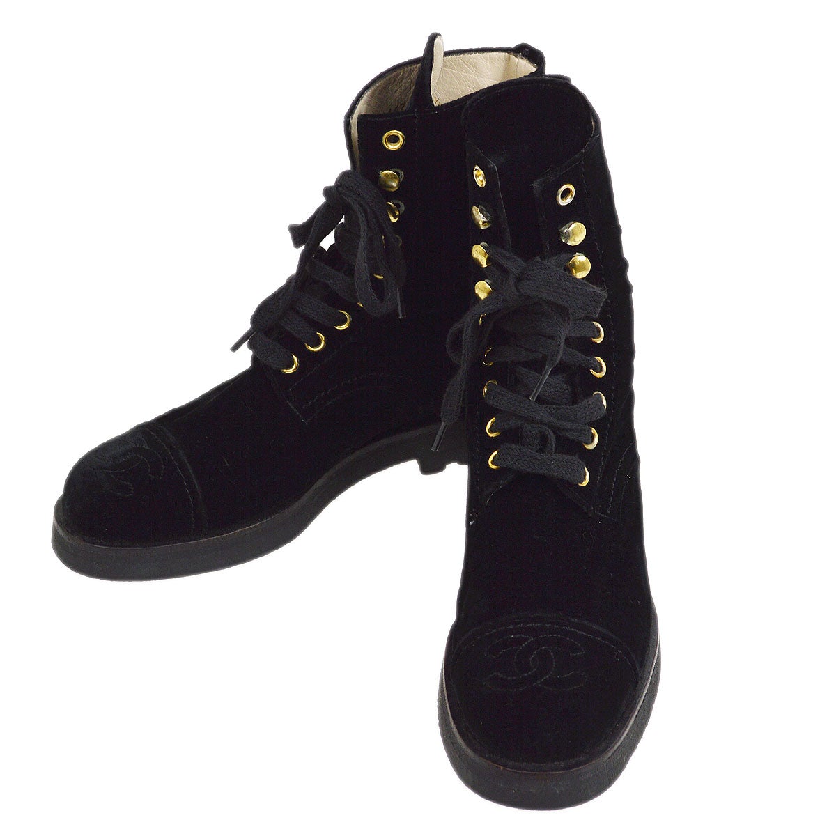 Chanel Black Velvet Lac-Up Boots Shoes #36 1/2