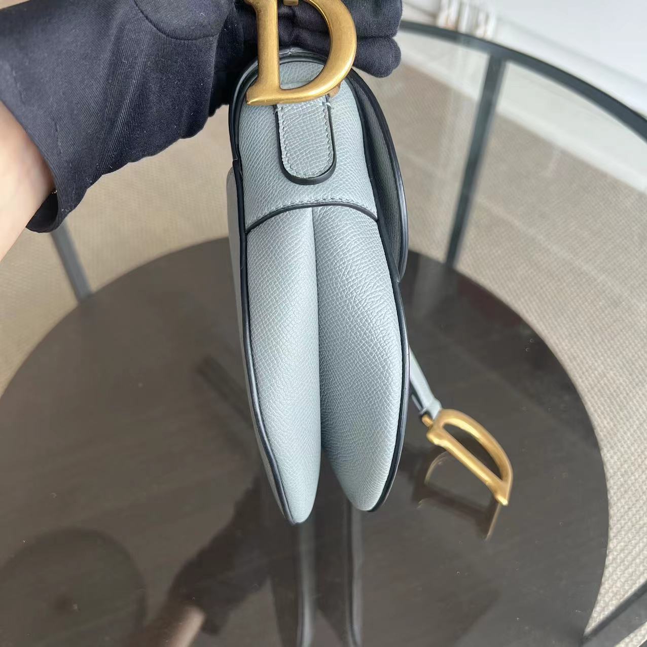 *2022 Receipt, Full Set* Saddle Medium 25CM Grained Calfskin Haze Blue GHW