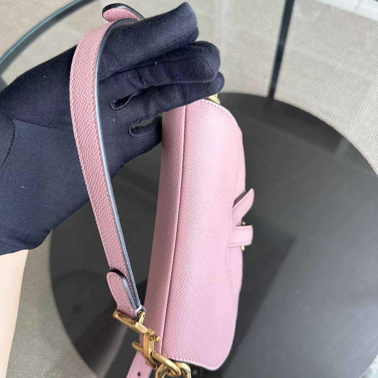 *2022 Strap Version Full Set Receipt* Saddle Small 20CM Grained Calfskin Light Pink GHW