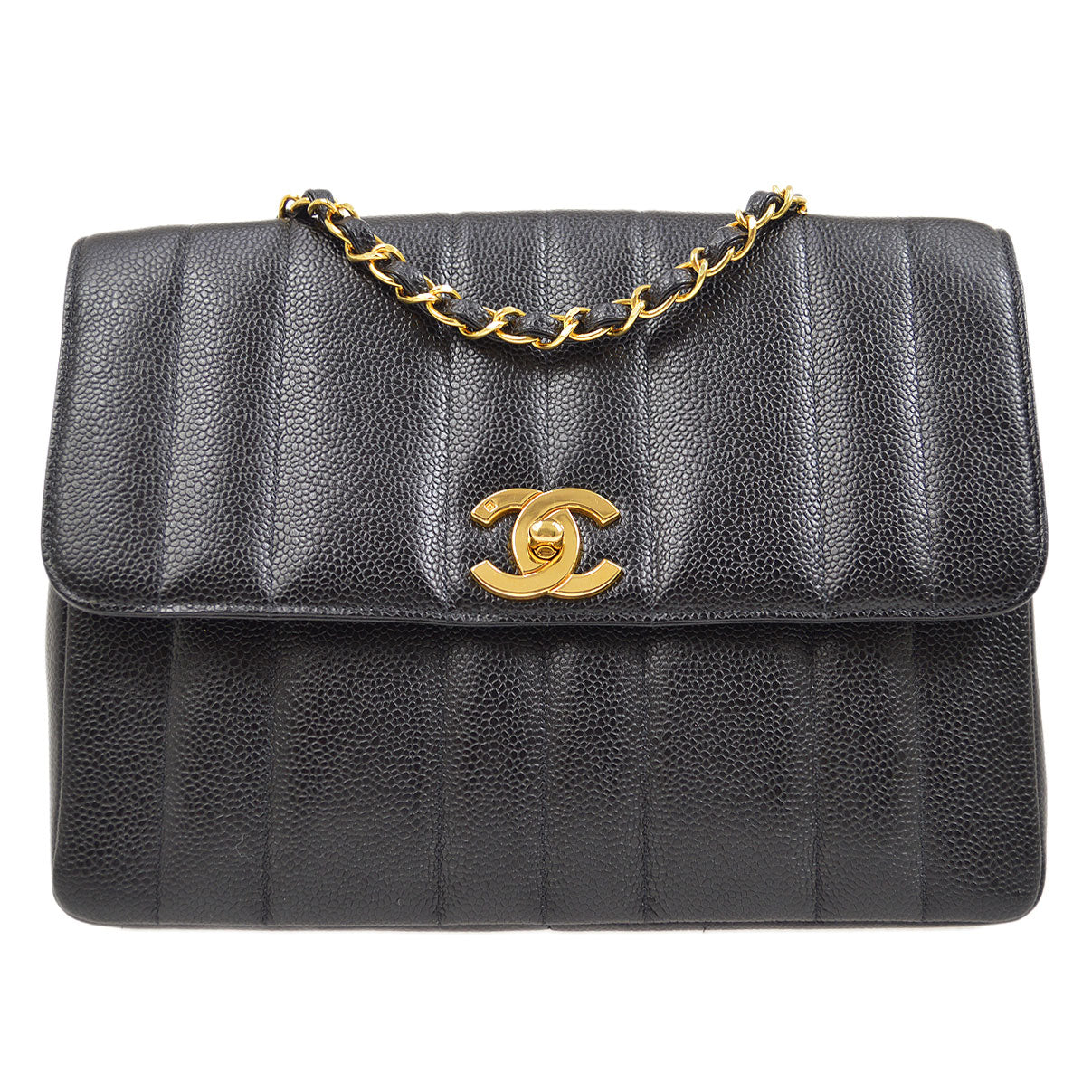 CHANEL 1994-1996 Black Caviar Vertical Straight Flap Bag Medium 43662