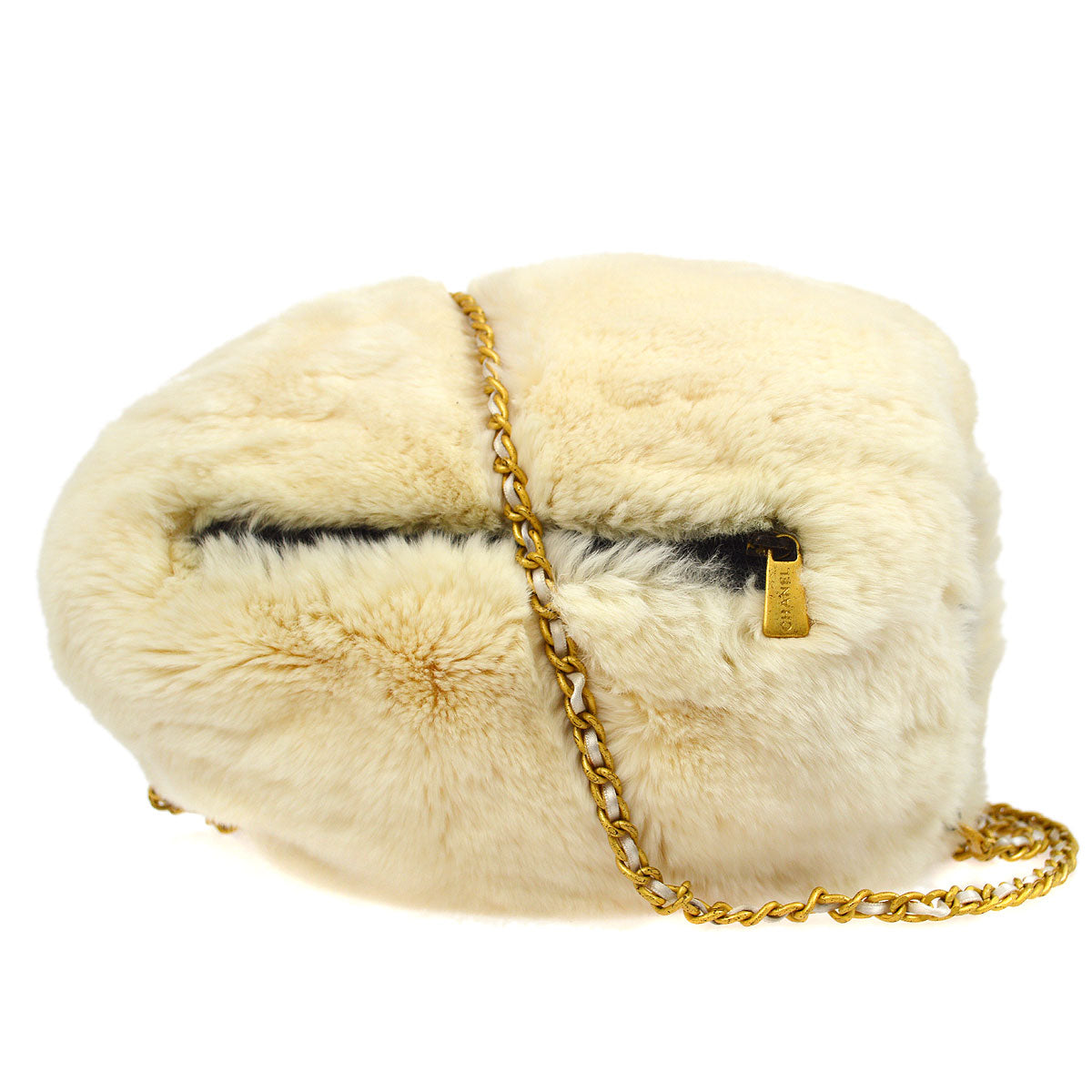 CHANEL Hand Warmer Chain Shoulder Bag Ivory Fur 13684