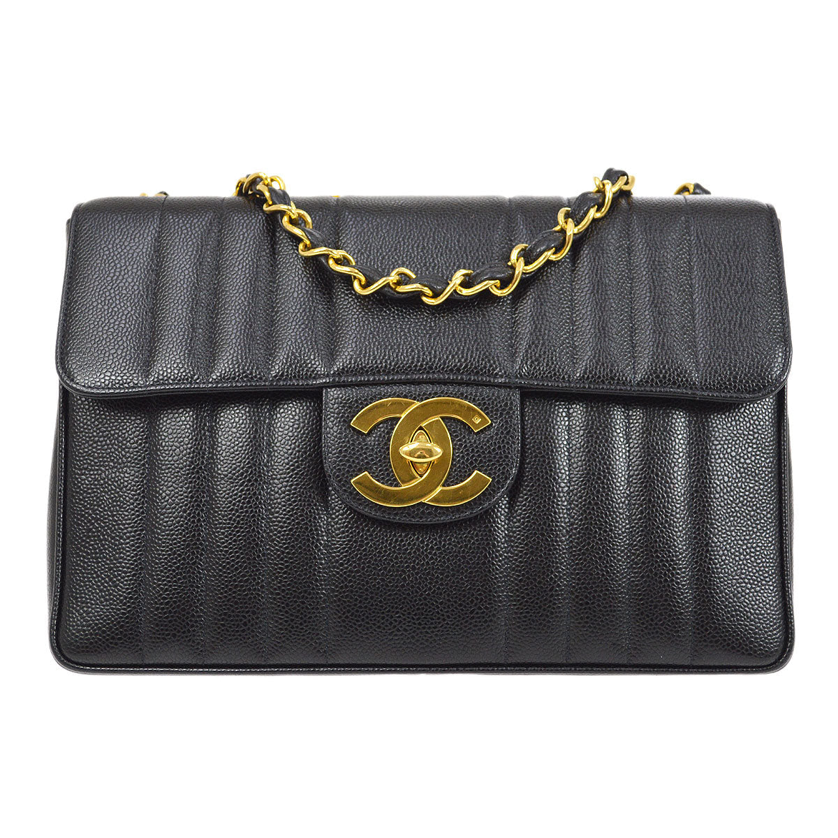 Chanel★ * 1994-1996 Black Caviar Vertical Classic Flap Jumbo 53446