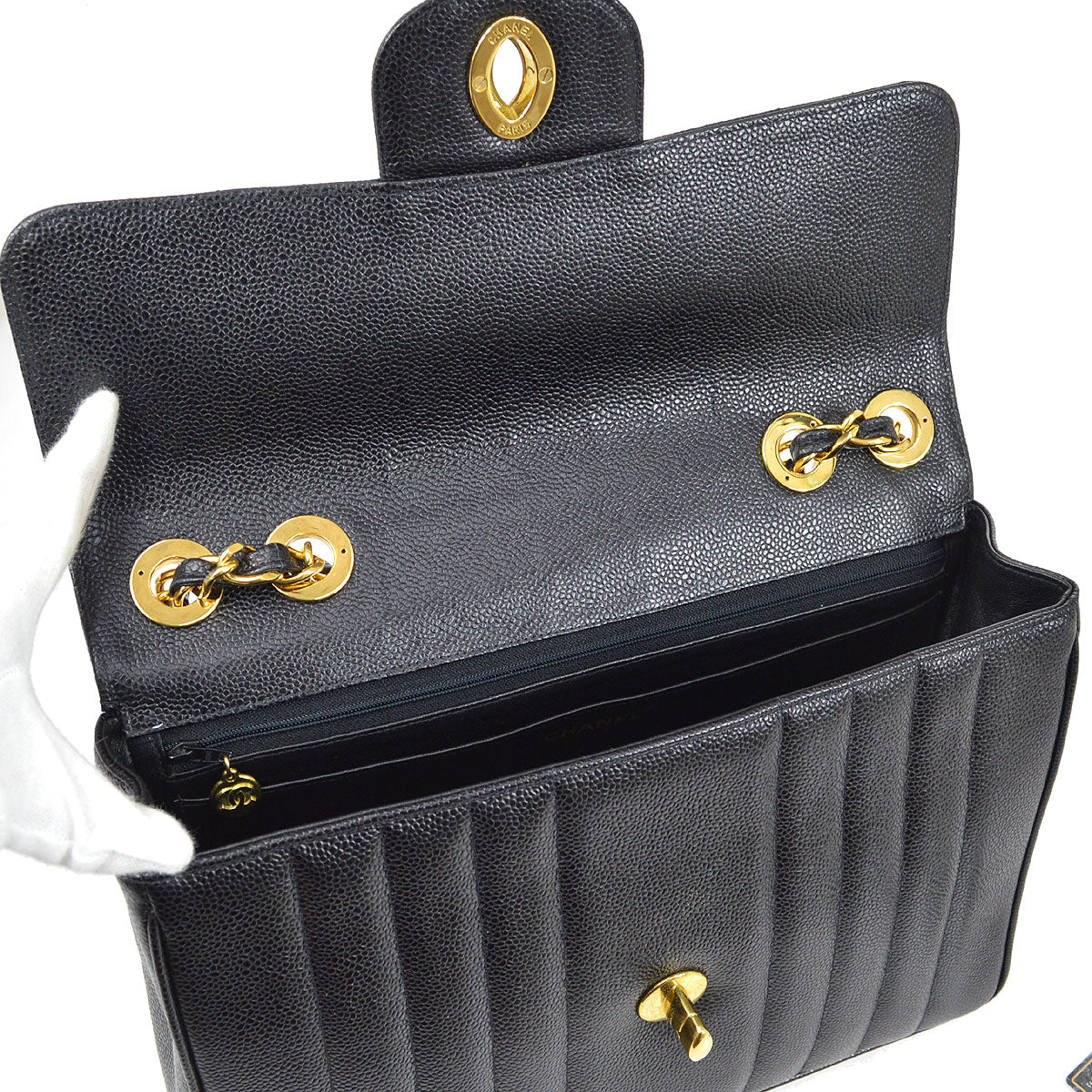 Chanel★ * 1994-1996 Black Caviar Vertical Classic Flap Jumbo 53446