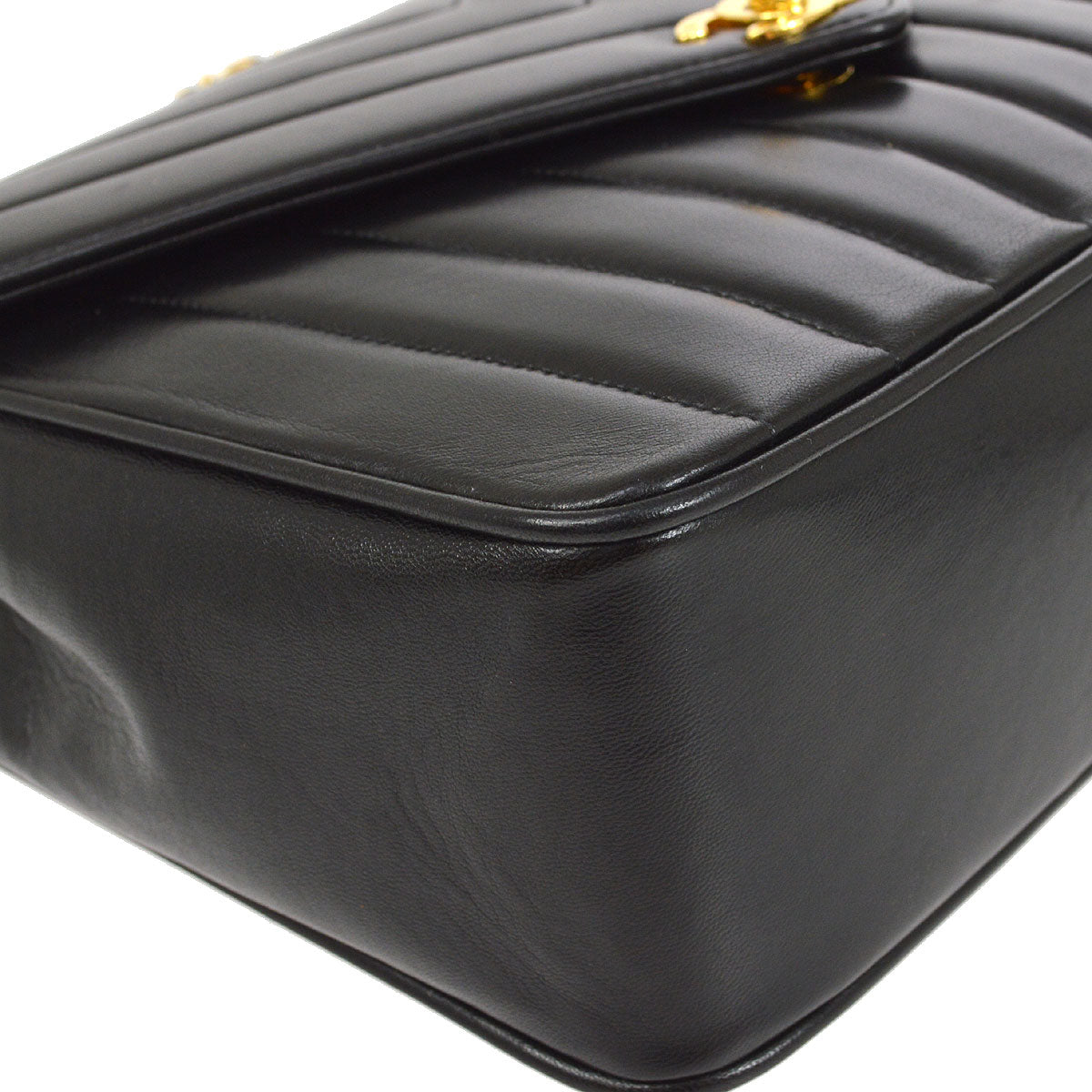CHANEL★ 1991-1994 Black Lambskin Chevron Letter Flap Bag Small 14355