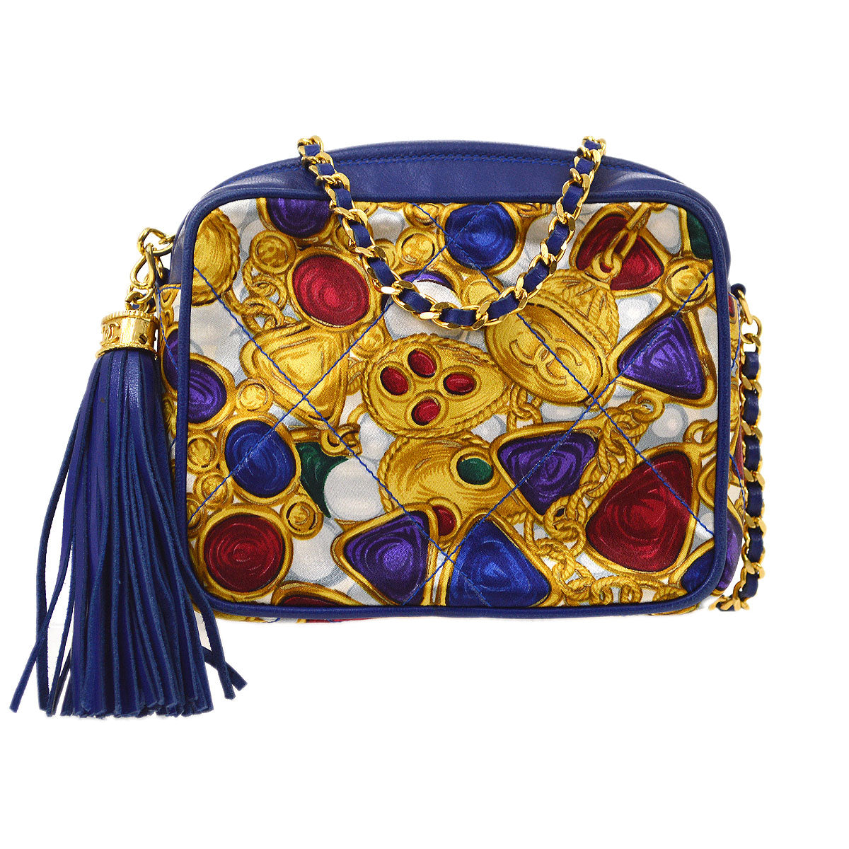 CHANEL★ 1986-1988 Bijou pattern Fringe Chain camera Bag Blue Satin AK38310j