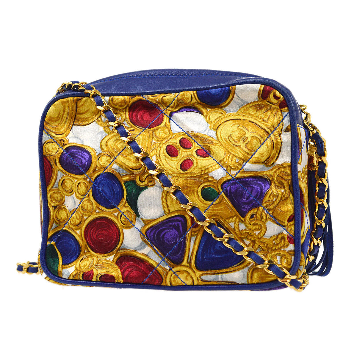 CHANEL★ 1986-1988 Bijou pattern Fringe Chain camera Bag Blue Satin AK38310j