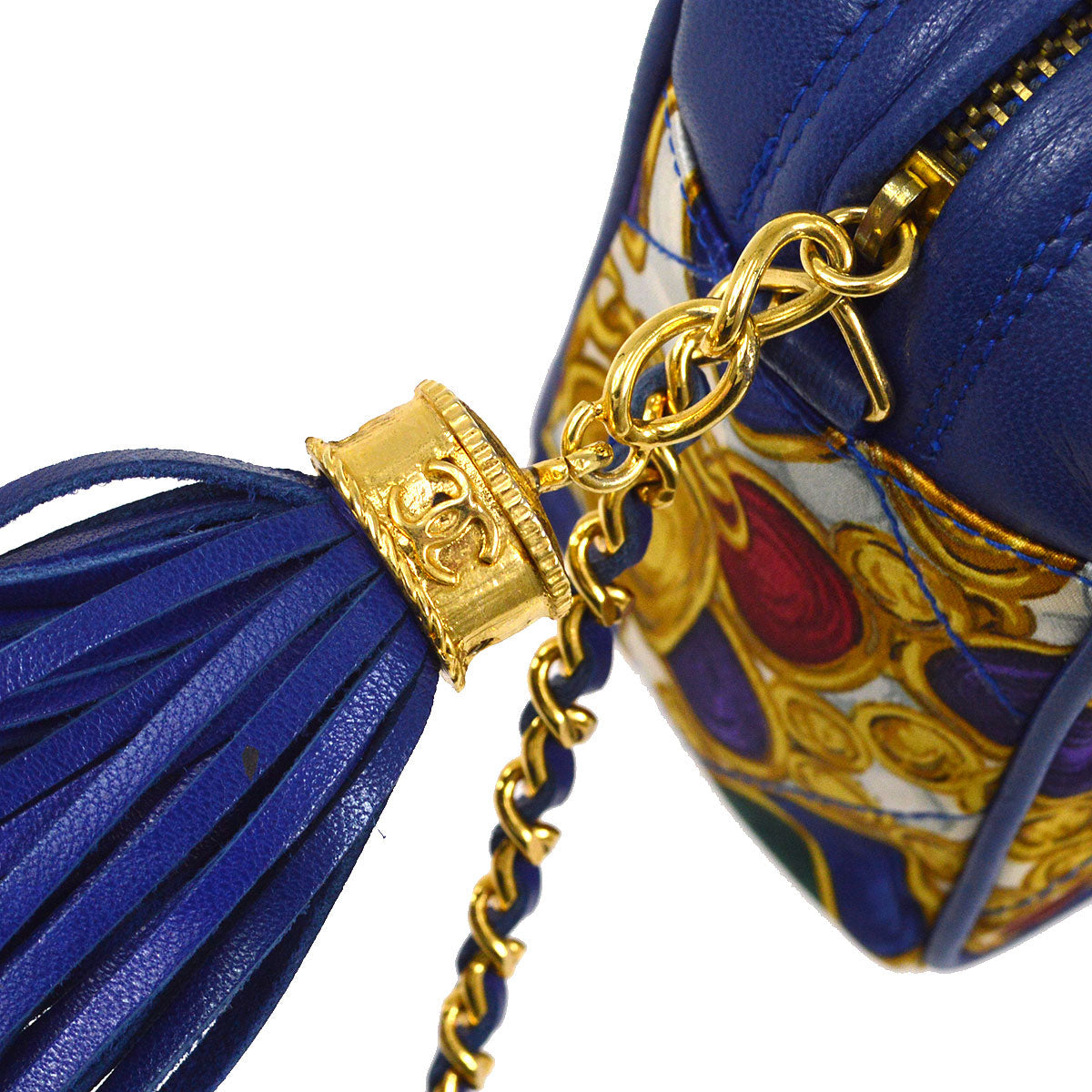 CHANEL★ 1986-1988 Bijou pattern Fringe Chain camera Bag Blue Satin AK38310j