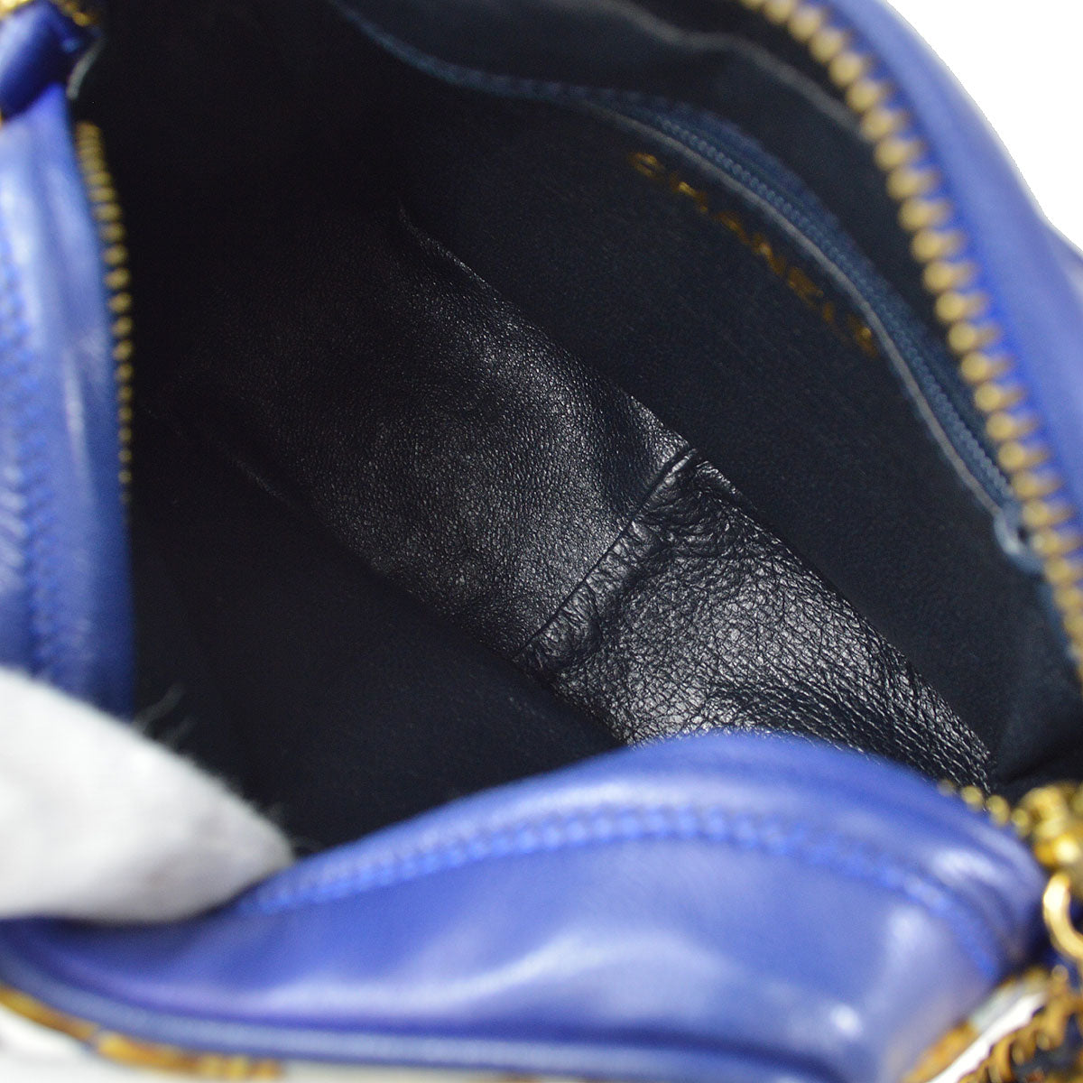 CHANEL★ 1986-1988 Bijou pattern Fringe Chain camera Bag Blue Satin AK38310j