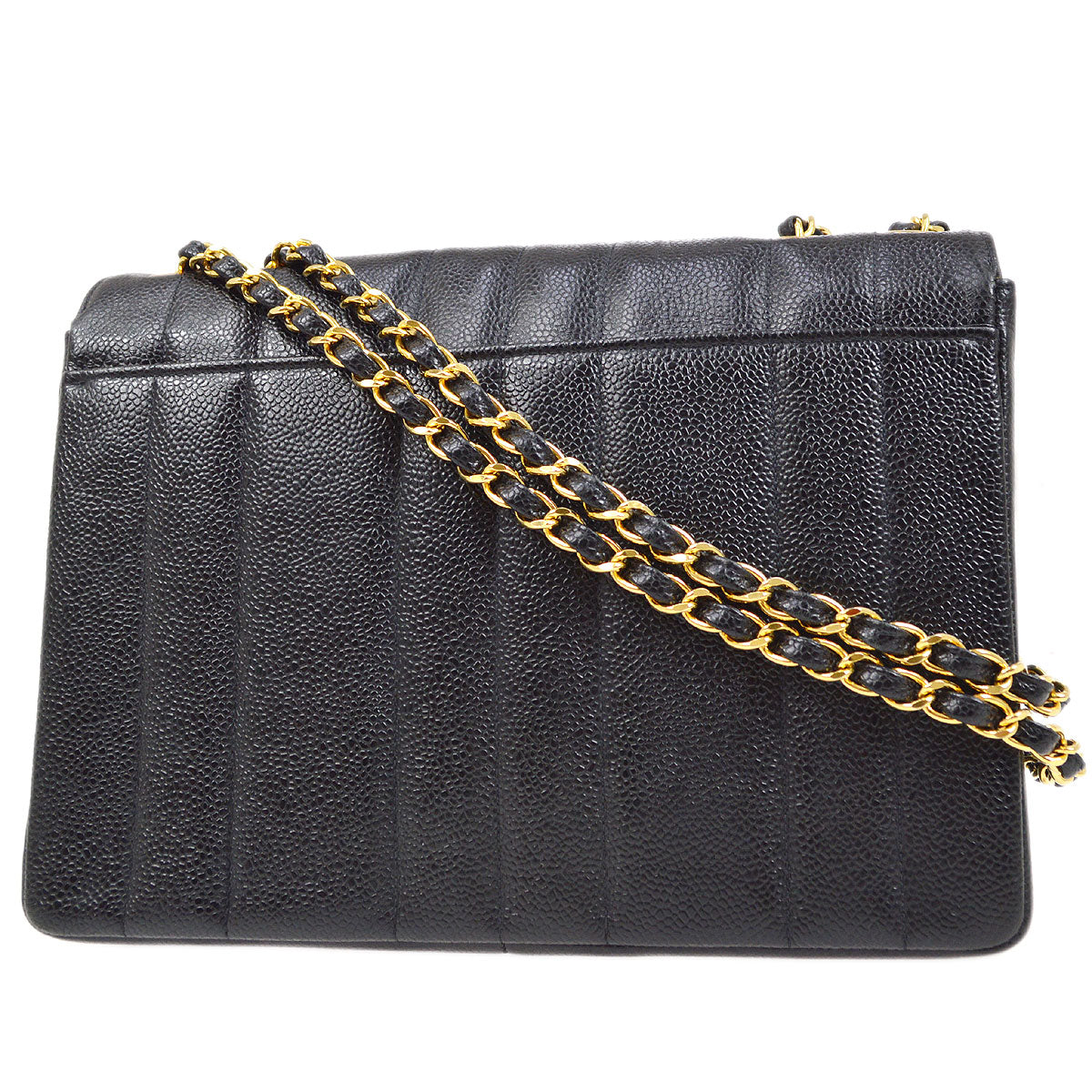 Chanel★ 1994-1996 Black Caviar Vertical Straight Flap Medium 84568