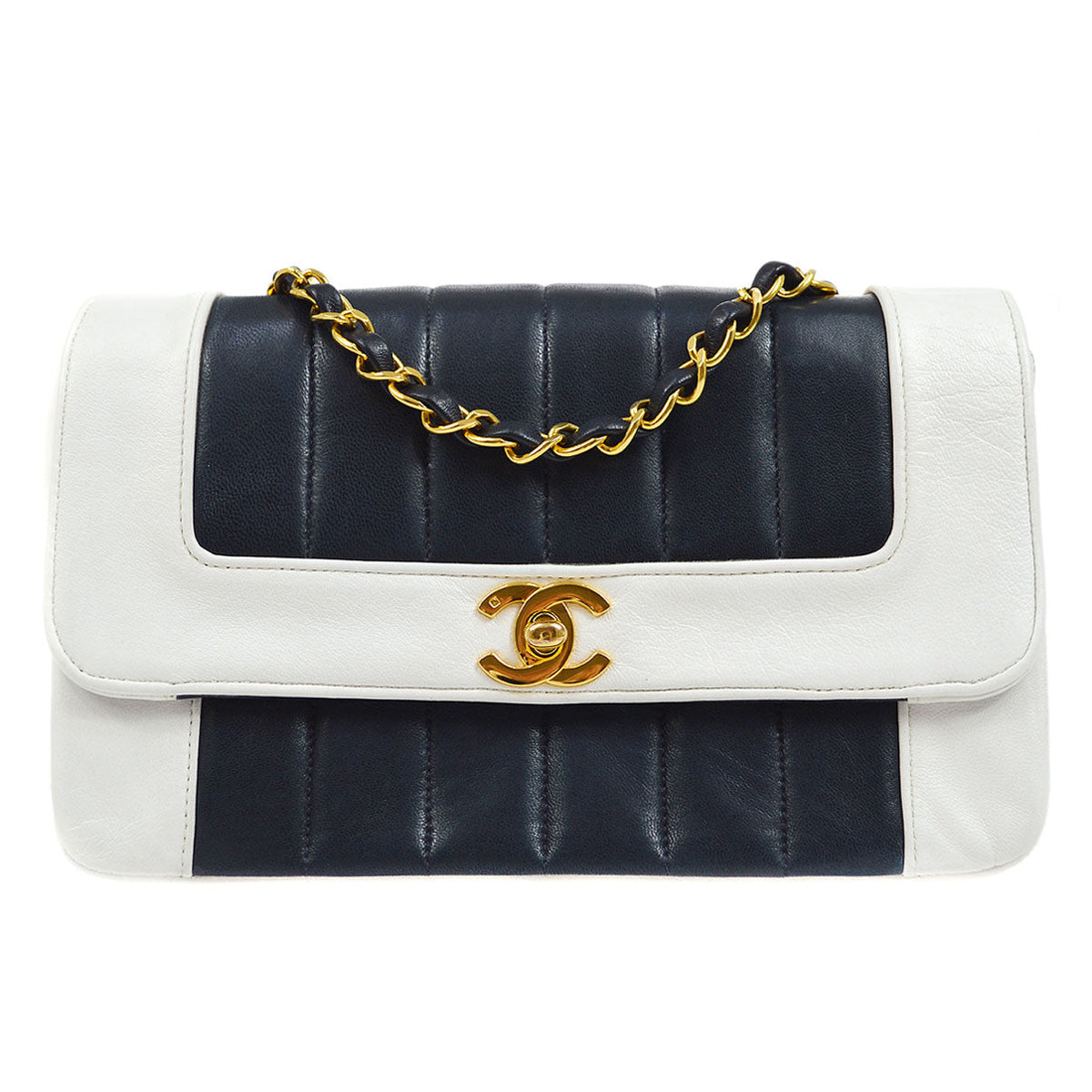 Chanel★ 1993 Navy White Lambskin Vertical Border Flap Small 85081