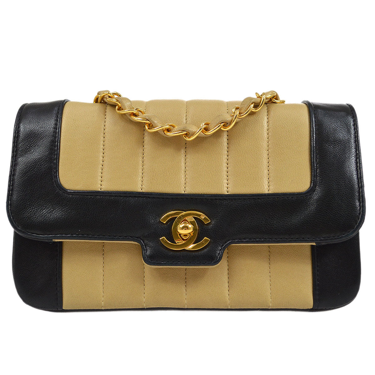 Chanel★ 1993 Vertical Border Flap Mini Beige Black Lambskin 64721