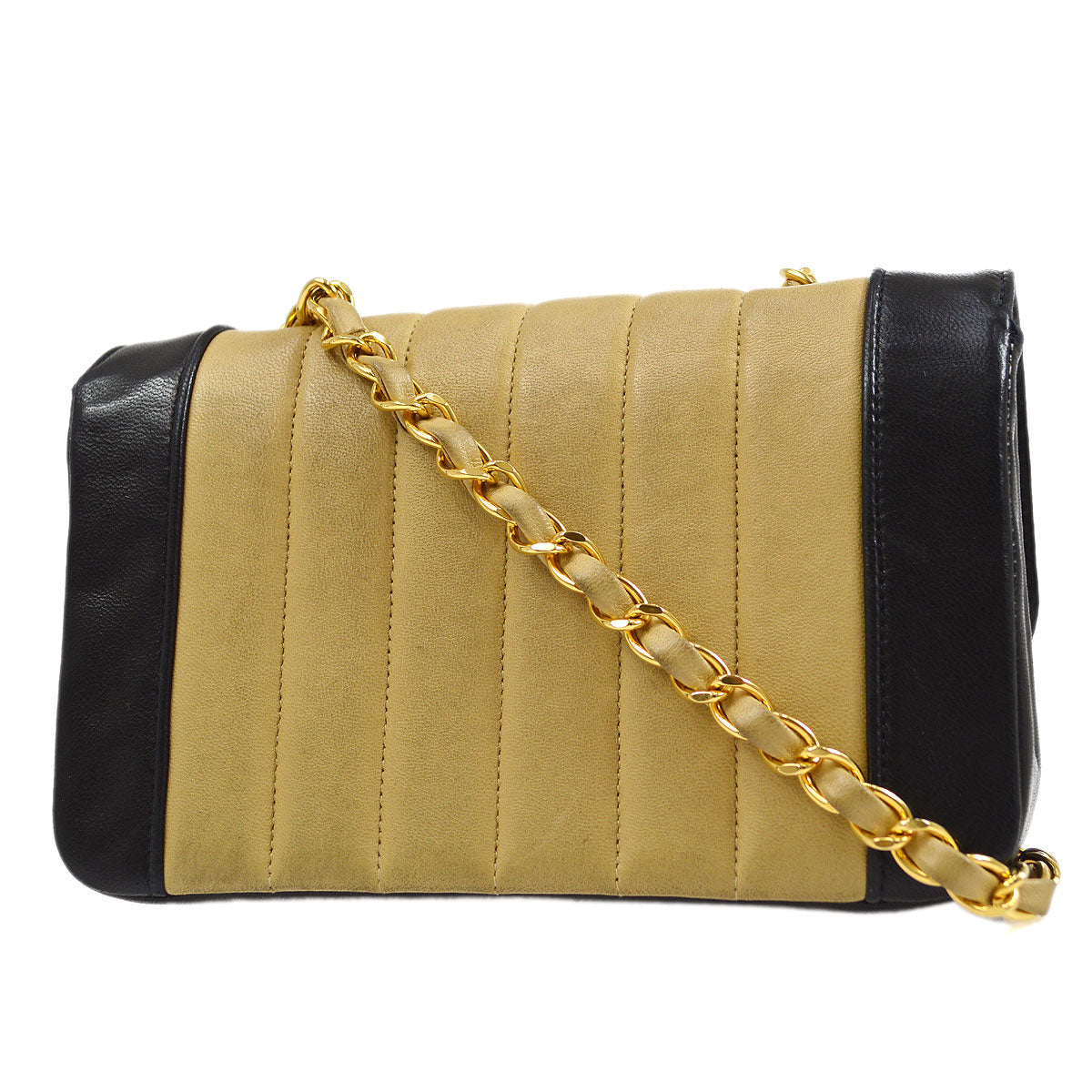 Chanel★ 1993 Vertical Border Flap Mini Beige Black Lambskin 64721