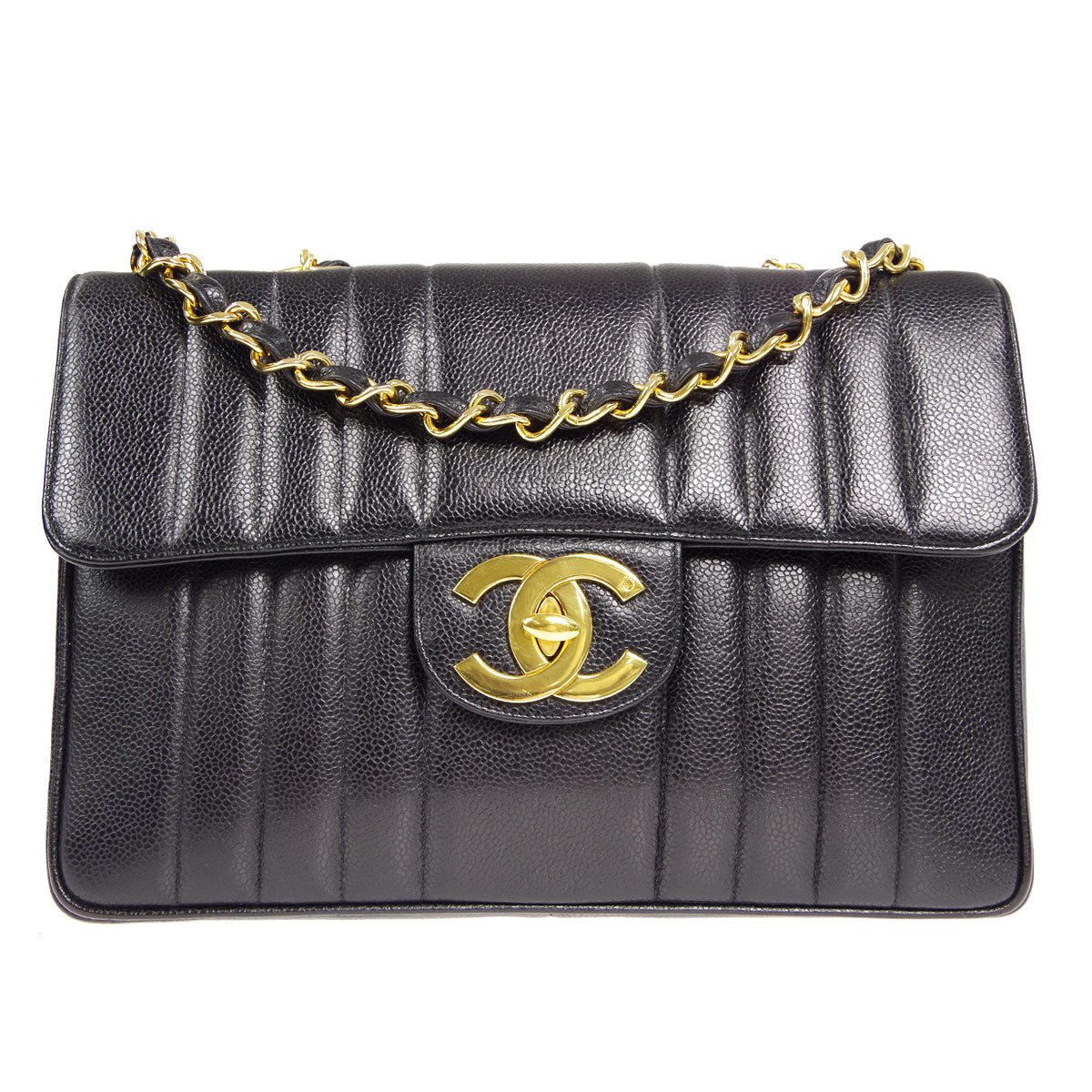 Chanel★ 1991-1994 Vertical Classic Flap Jumbo Black Caviar 17219