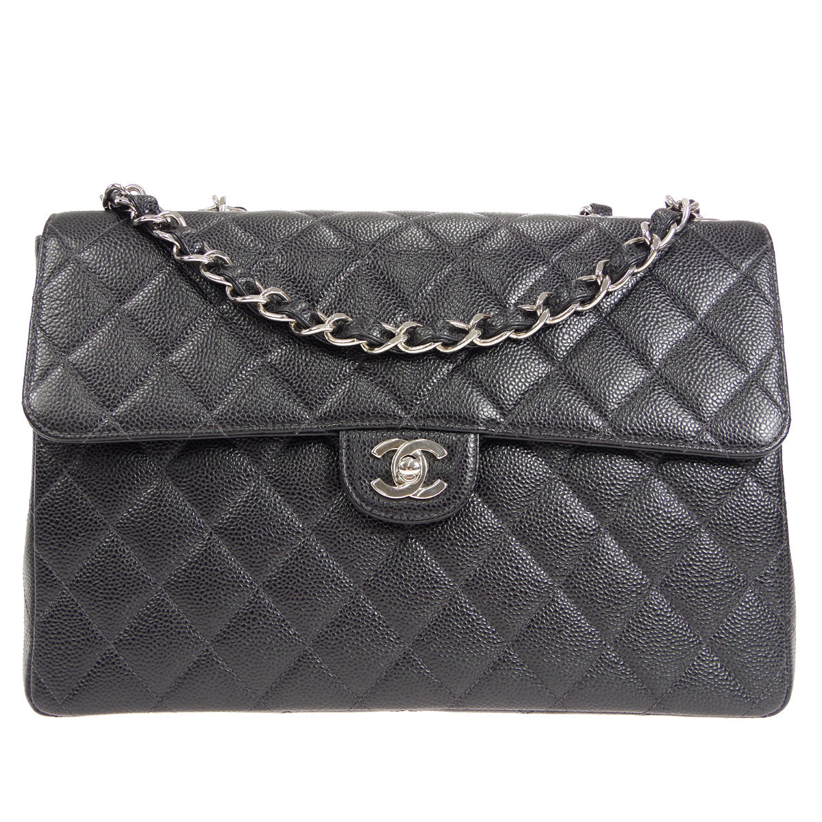 Chanel★ 2000-2001 Classic Flap Jumbo SHW Black Caviar 27375