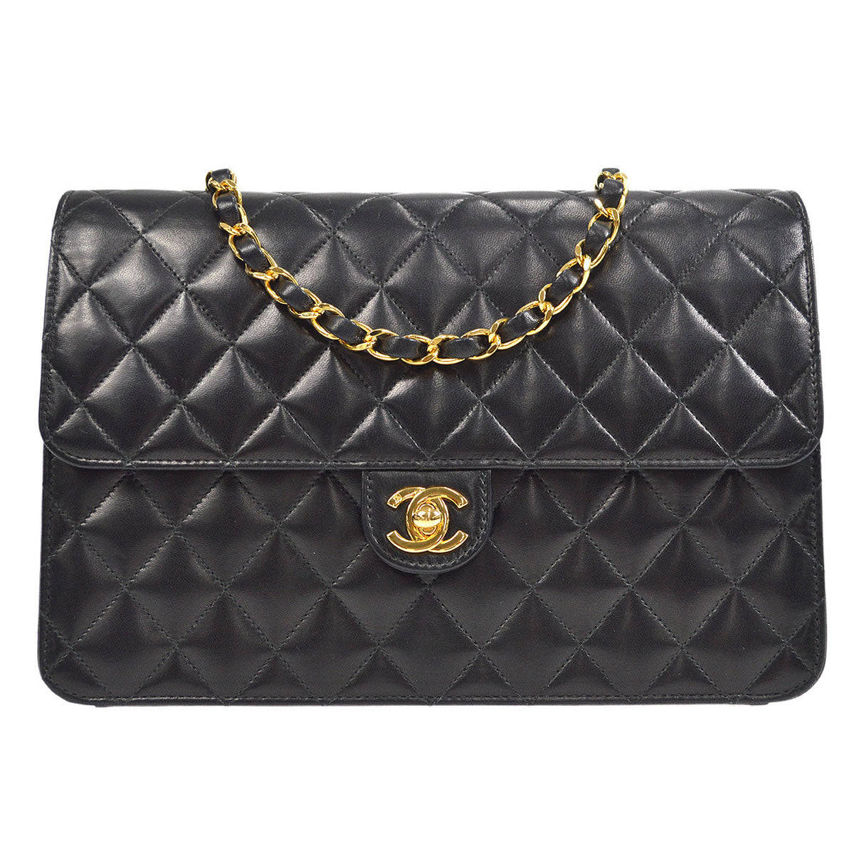 CHANEL★ 2000-2001 CC Turnlock Half Flap Medium Black Lambskin 56817