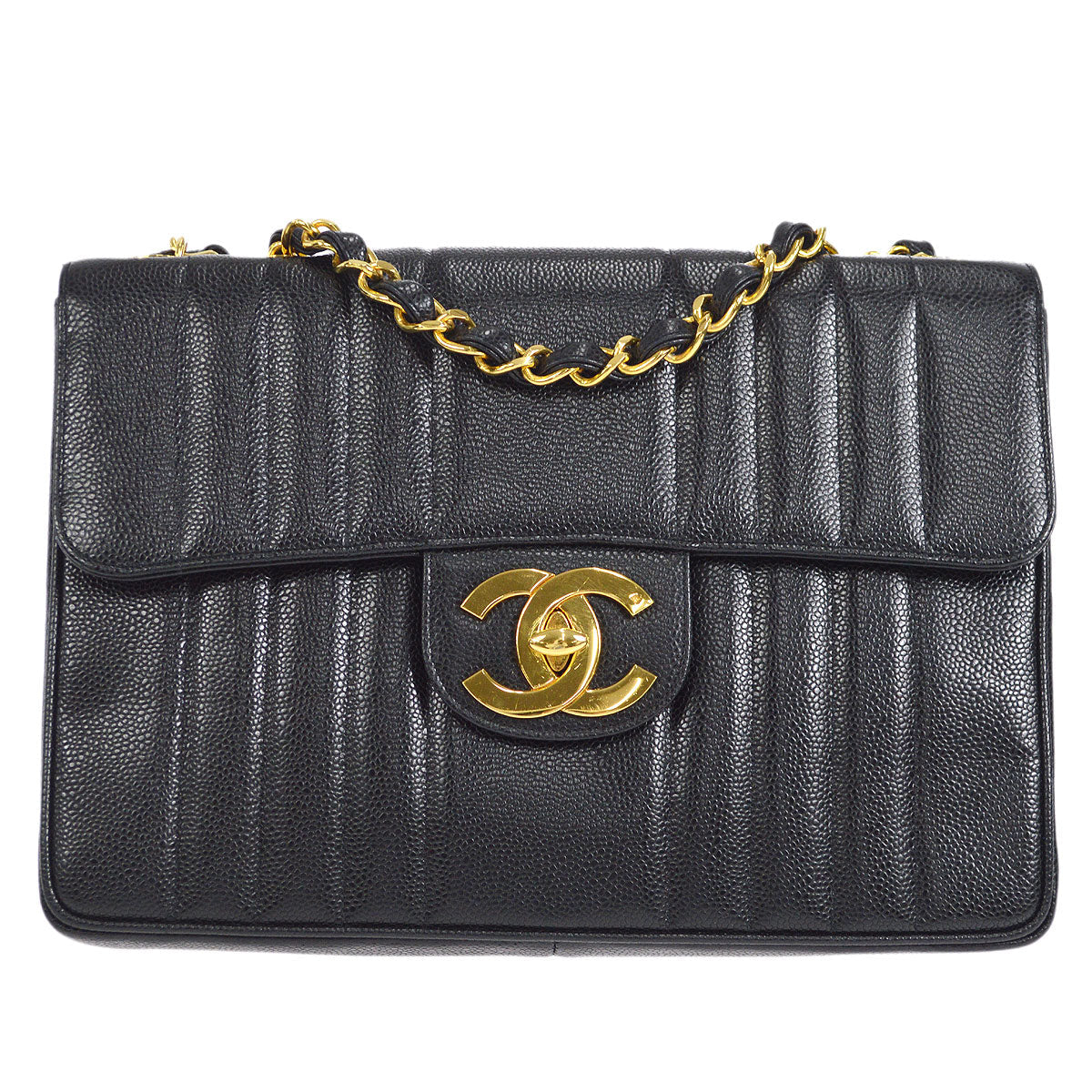 Chanel★ 1991-1994 Vertical Classic Flap Jumbo Black Caviar 27226