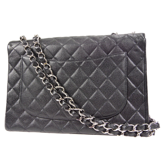 CHANEL Classic Flap Jumbo Double Chain Shoulder Bag Black Caviar 48598