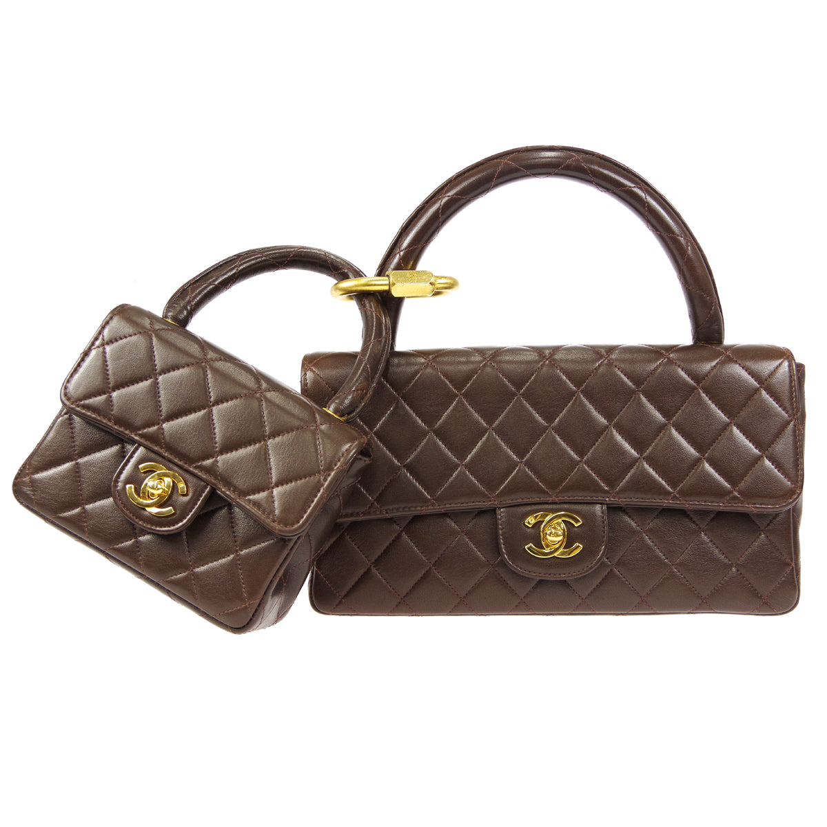 CHANEL 1994-1996 Classic Flap Handbag Set Brown Lambskin
