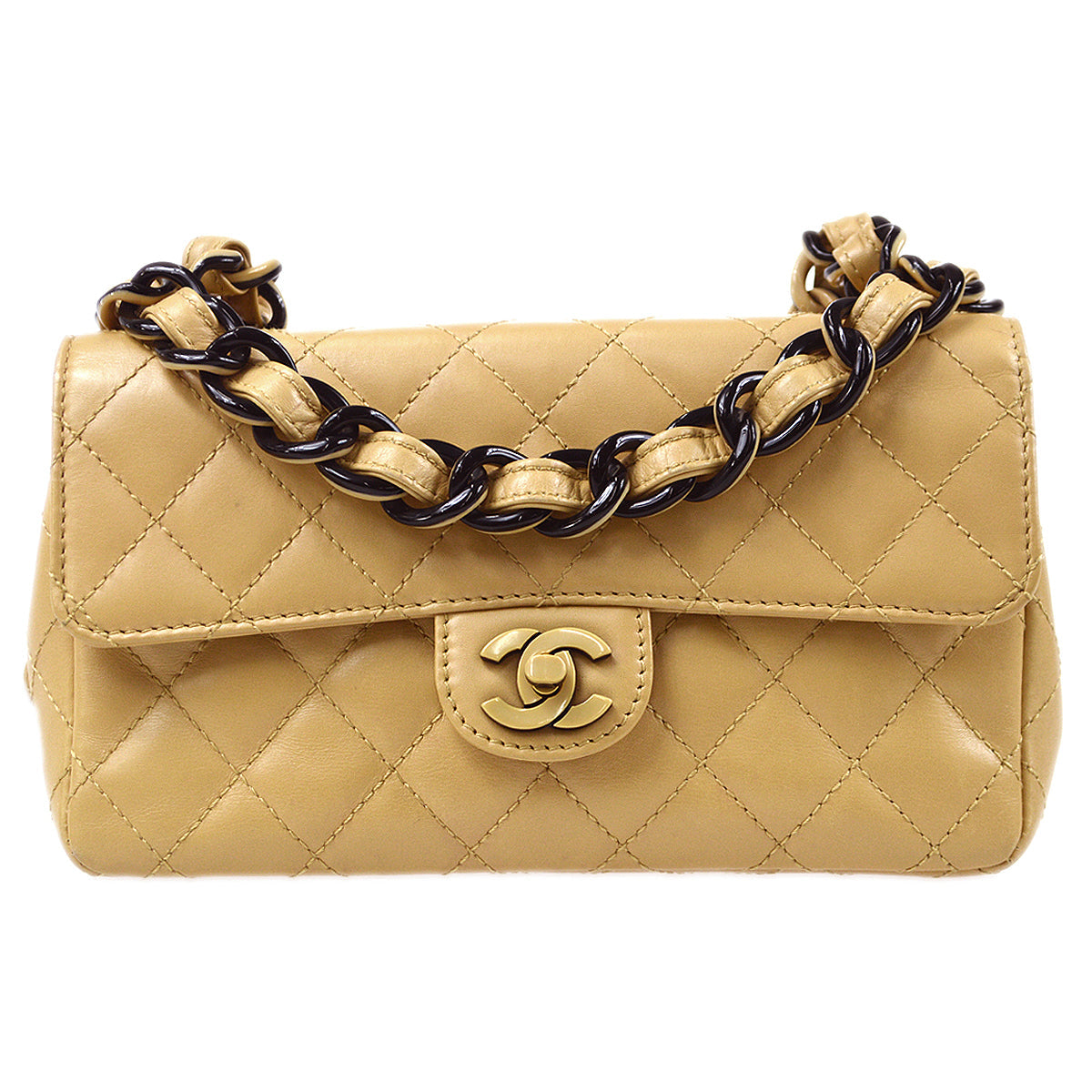 CHANEL Plastic Chain Shoulder Bag Beige Lambskin 87983