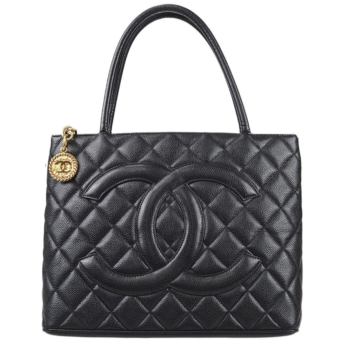 Chanel Medallion Quilted Tote Handbag Black Caviar