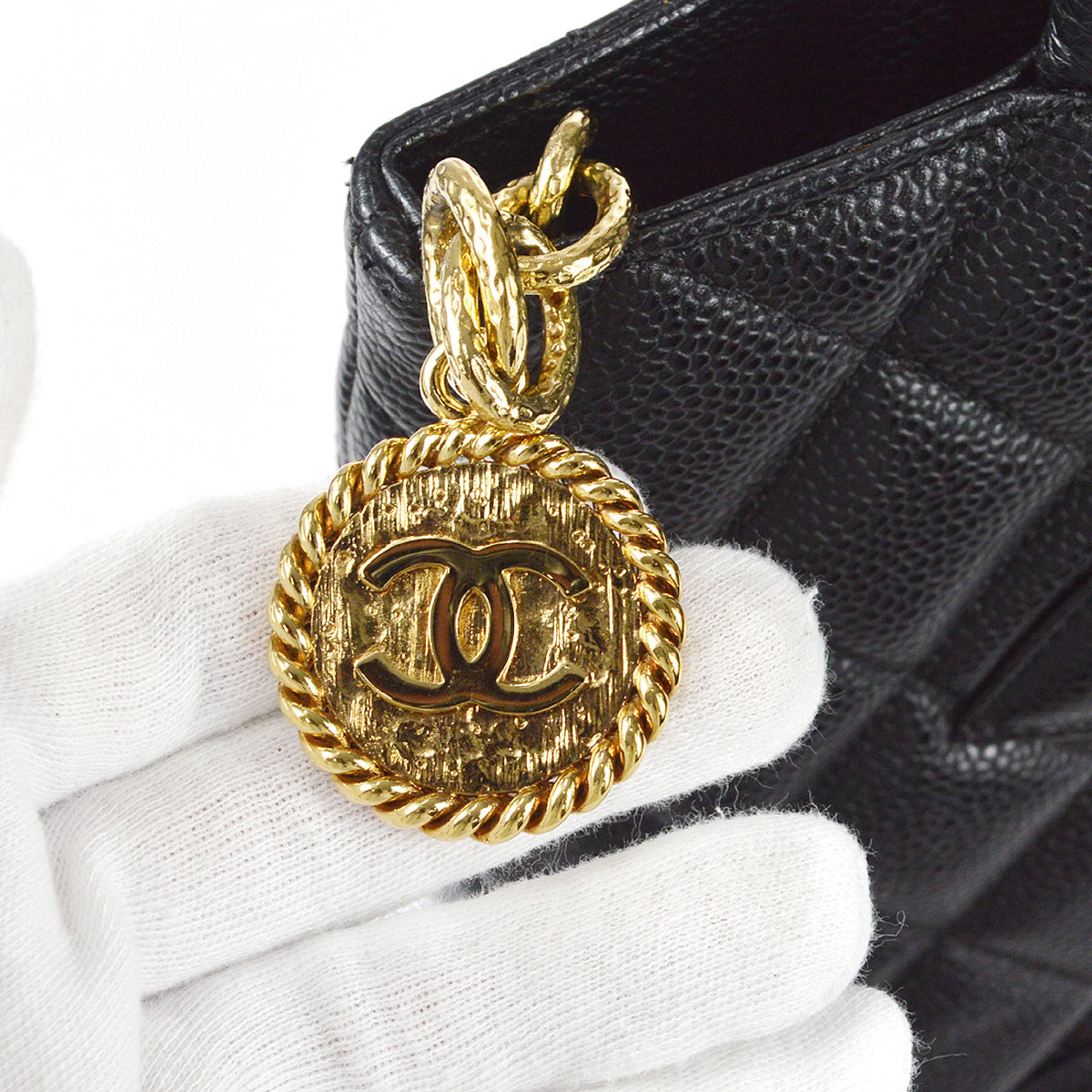 Chanel Medallion Quilted Tote Handbag Black Caviar