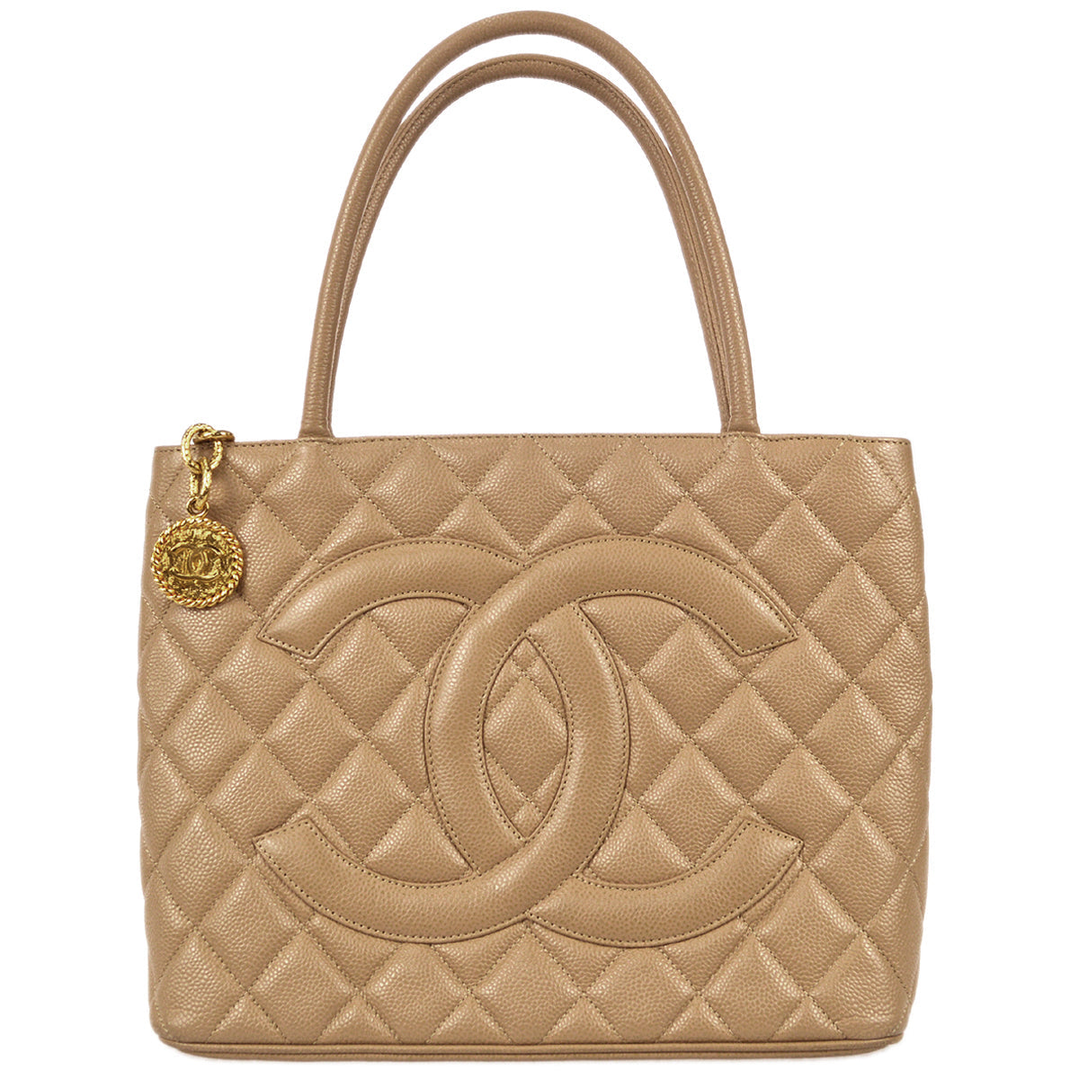 Chanel Medallion Tote Handbag Beige Caviar