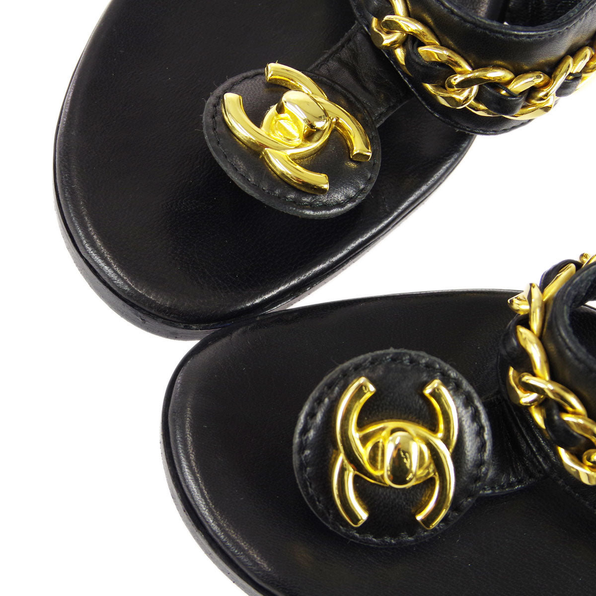 Chanel * Black Lambskin Turnlock Sandals Shoes #39