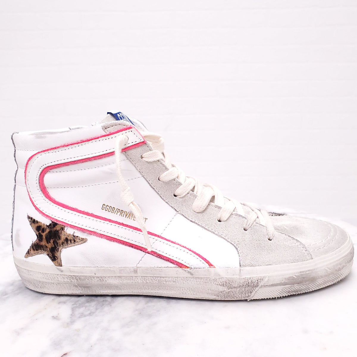 GOLDEN GOOSE SLIDE CLASSIC HIGH TOP SNEAKERS WITH LEOPARD STAR - SIZE 41