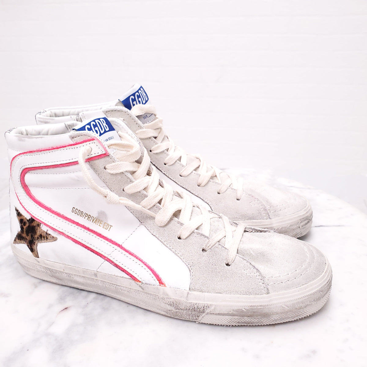 GOLDEN GOOSE SLIDE CLASSIC HIGH TOP SNEAKERS WITH LEOPARD STAR - SIZE 41
