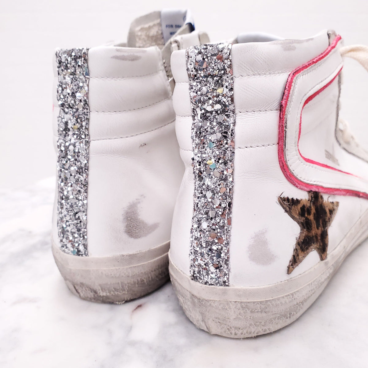 GOLDEN GOOSE SLIDE CLASSIC HIGH TOP SNEAKERS WITH LEOPARD STAR - SIZE 41