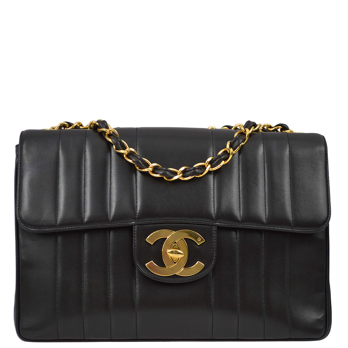 Chanel 1994-1996 Black Lambskin Jumbo Vertical Stitch Classic Flap Bag