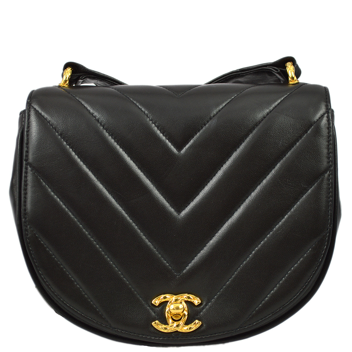 Chanel 1991-1994 Black Lambskin Chevron Half Moon Shoulder Bag
