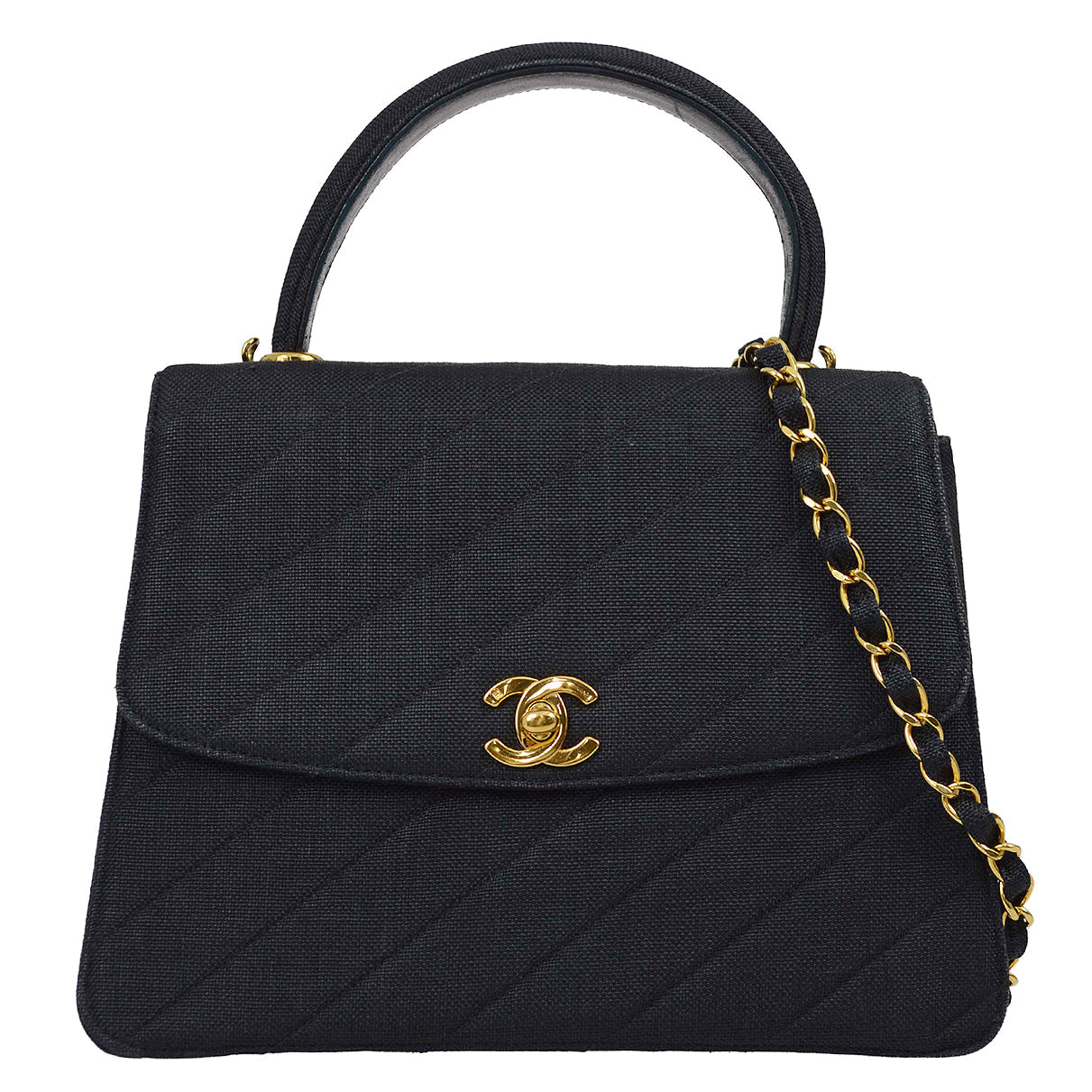 Chanel 1991-1994 Black Linen Chain 2way Handbag