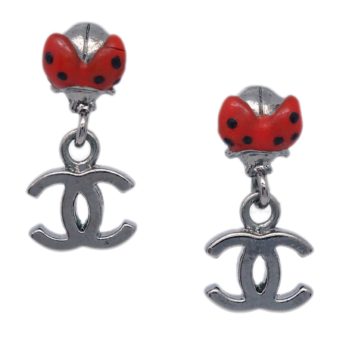 Chanel Ladybug Dangle Piercing Earrings Silver 06P