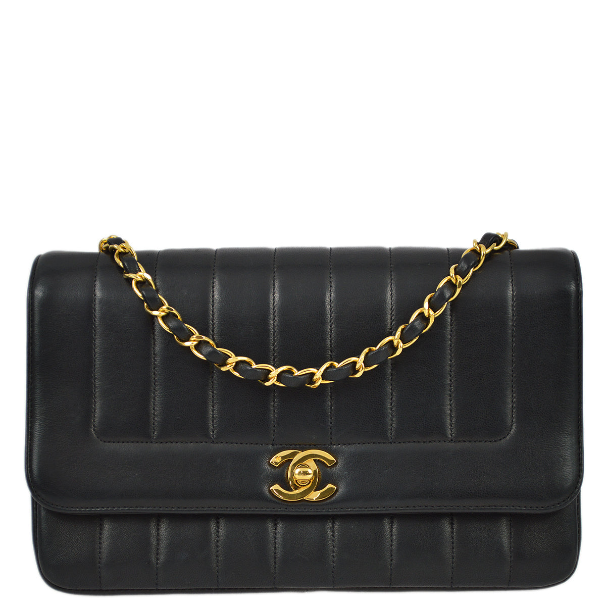 Chanel 1994-1996 Black Lambskin Medium Vertical Stitch Border Flap Bag