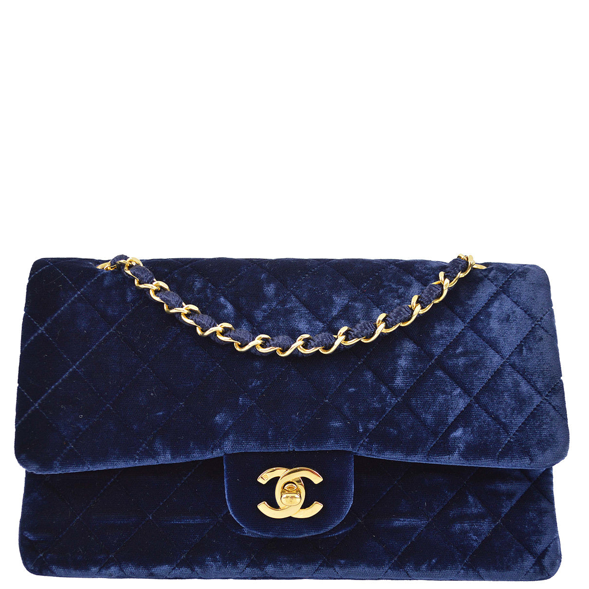 Chanel 1989-1991 Blue Velvet Medium Classic Double Flap Shoulder Bag