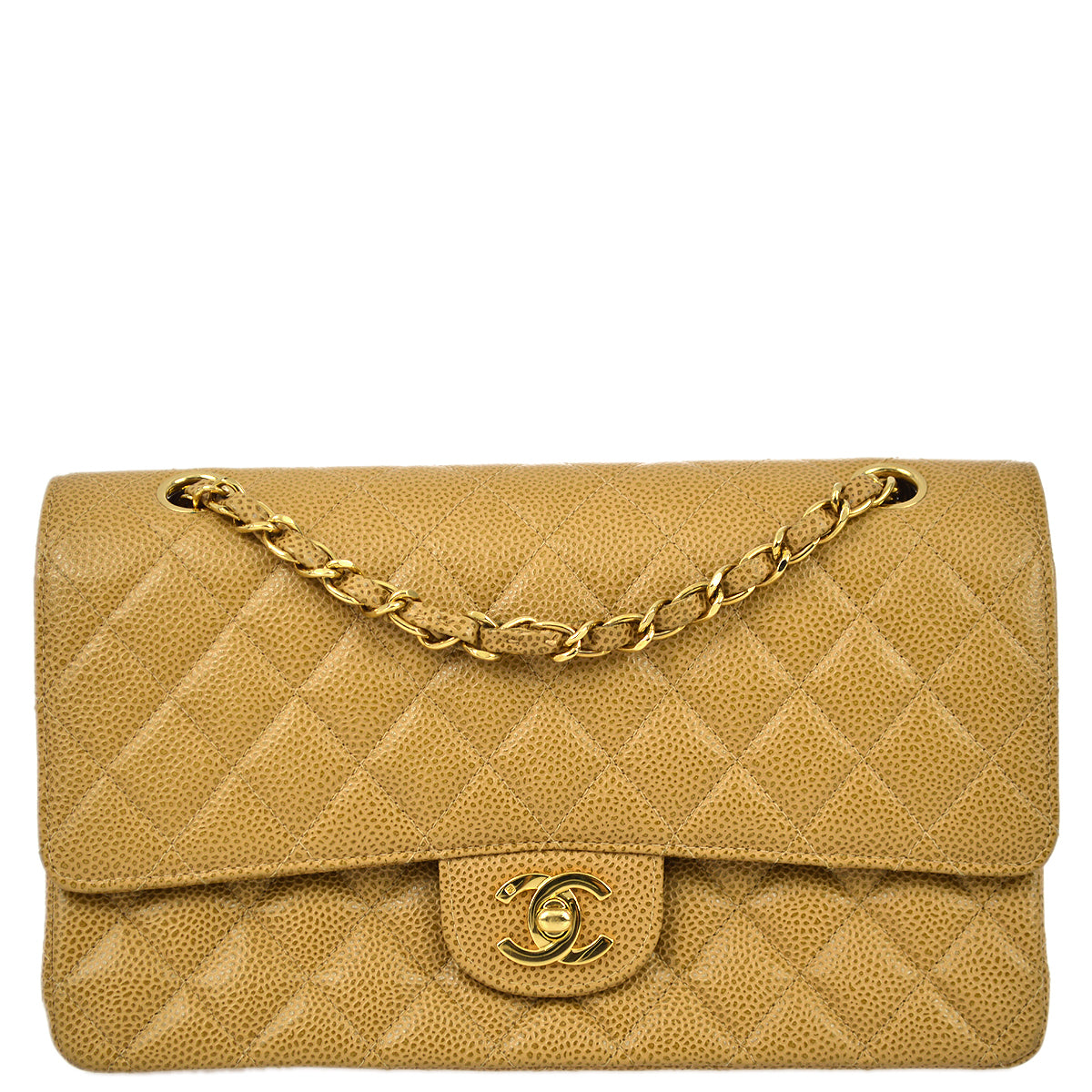 Chanel 2001-2003 Beige Caviar Medium Classic Double Flap Bag SHW