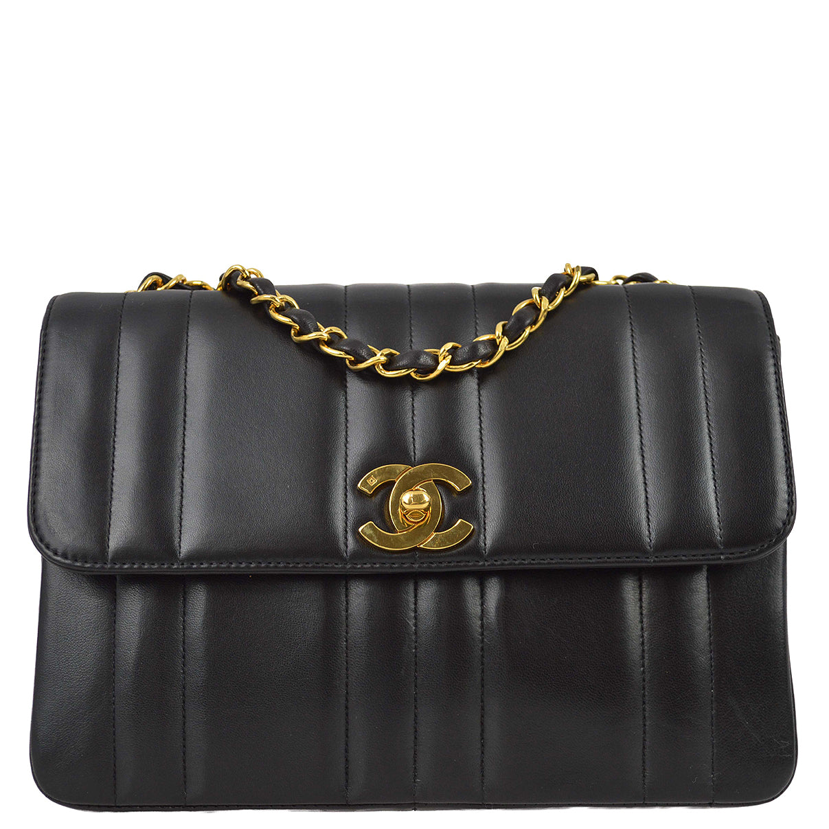 Chanel 1994-1996 Black Lambskin Small Vertical Stitch Straight Flap Bag